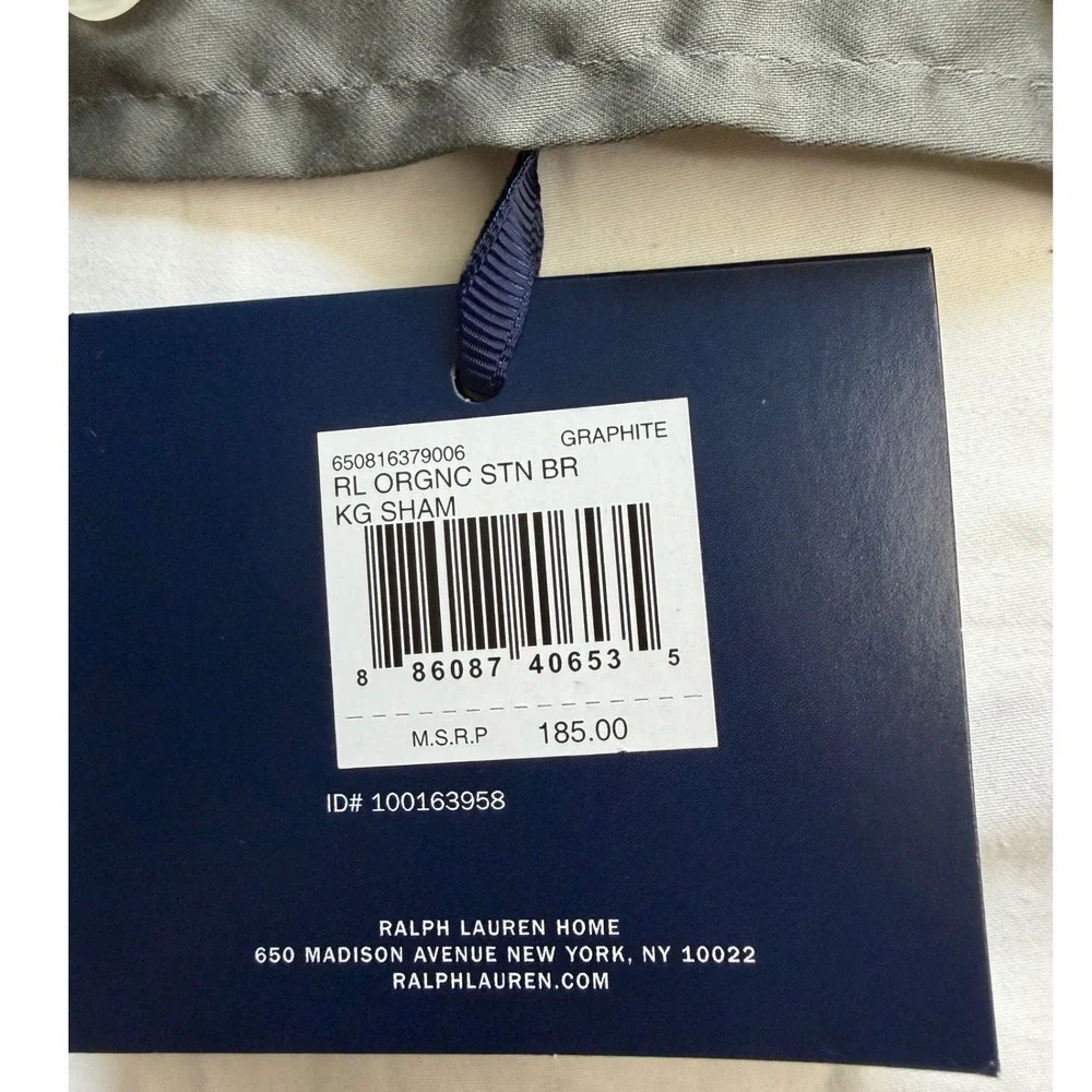 Organic Cotton Sateen Border King Sham Graphite Grey White 2pc Set NEW 20